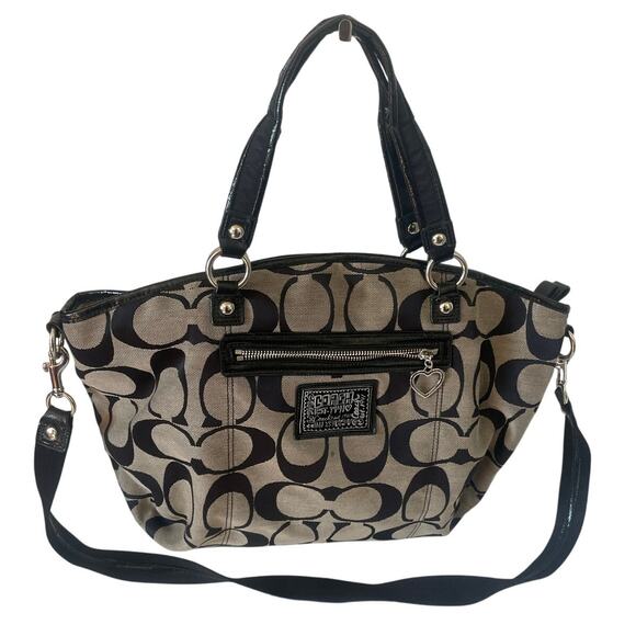 Coach Y2K Gray Black Poppy Rocker Logo Signature Patent Handle Satchel Tote Bag - Picture 1 of 8